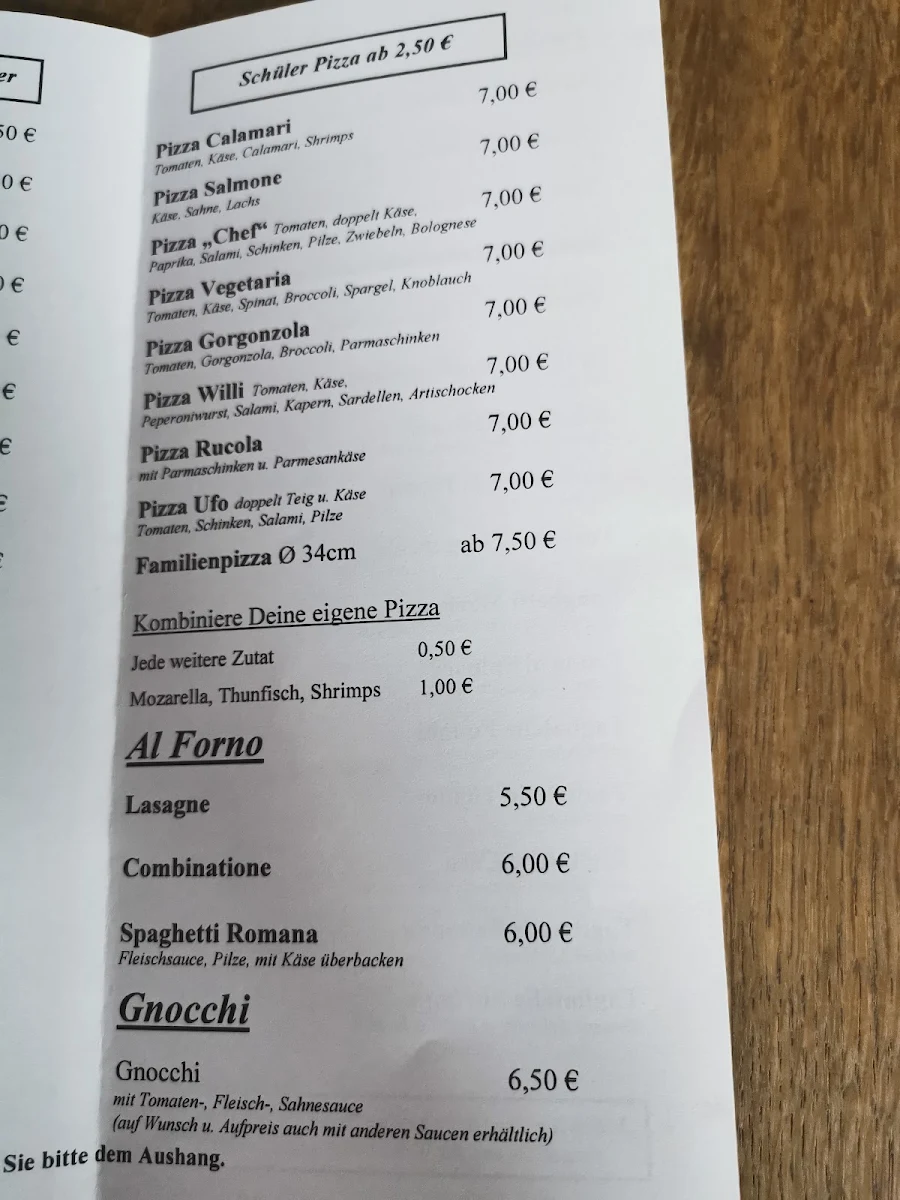 Speisekarte, Pizzeria Pinel