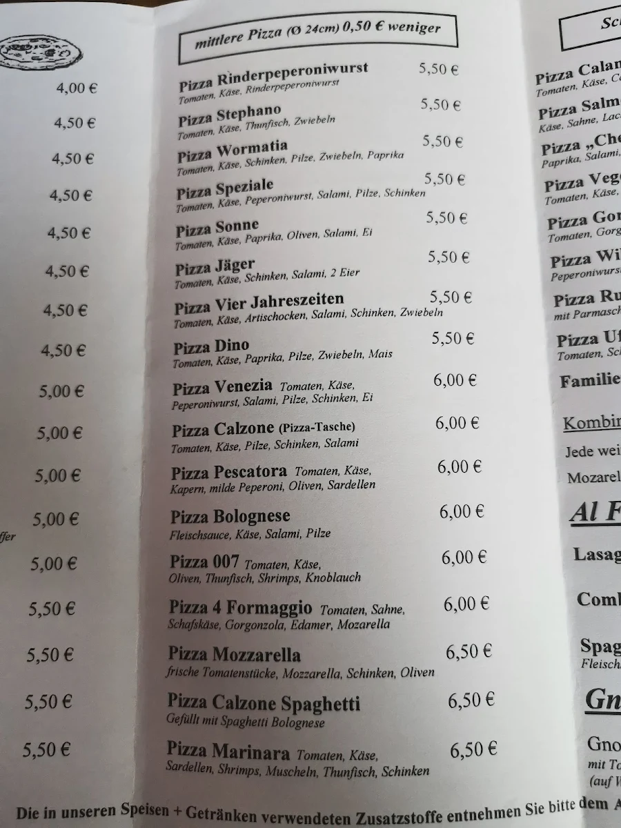 Speisekarte, Pizzeria Pinel