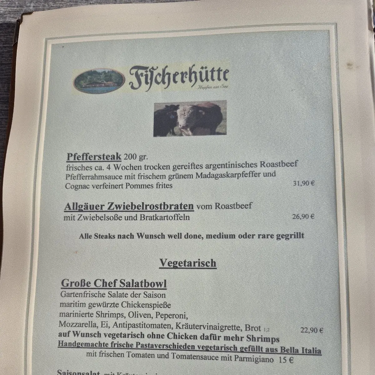 Speisekarte, Fischerhütte