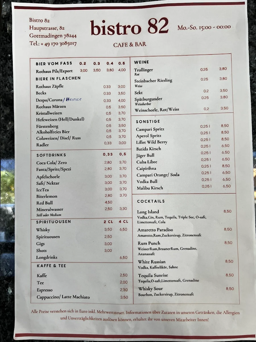 Speisekarte, Bistro 82