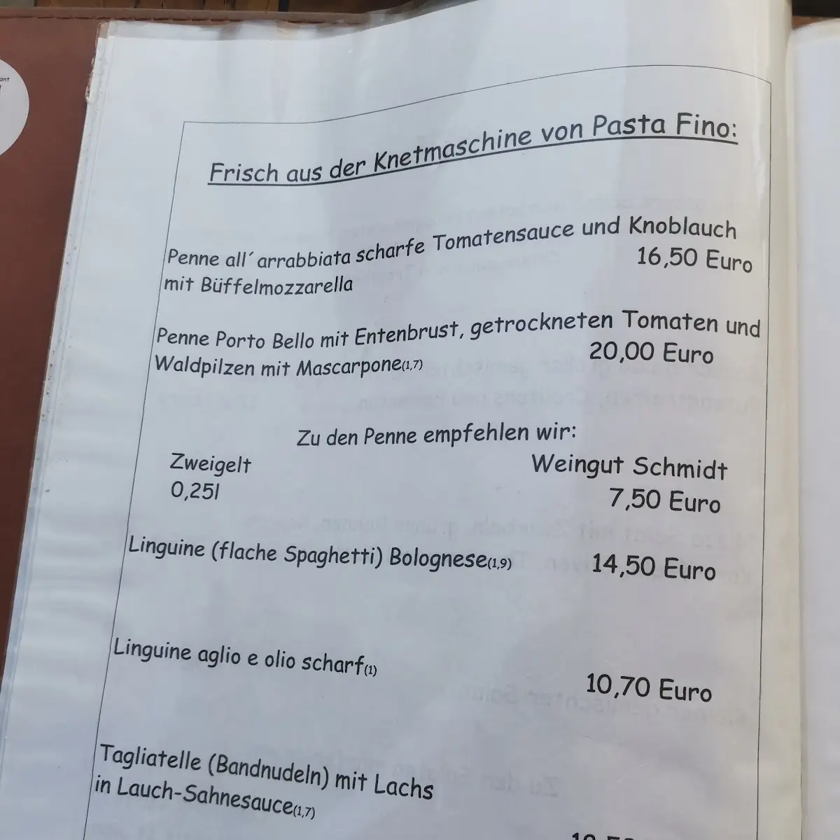 Speisekarte, Porto Bello Restaurant und Weinbar