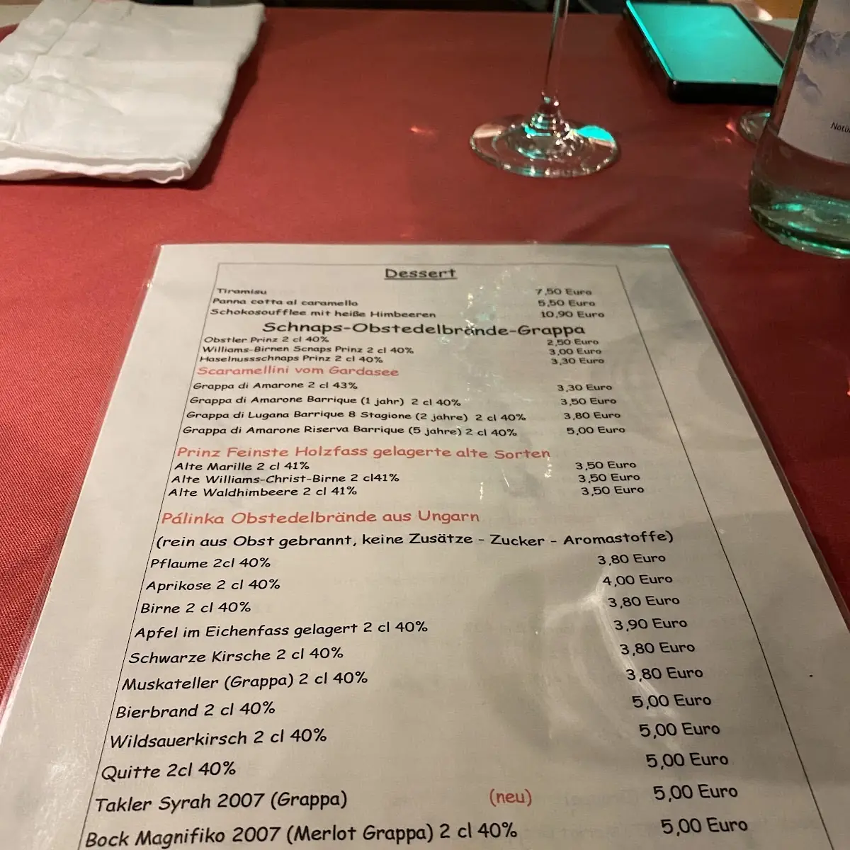 Speisekarte, Porto Bello Restaurant und Weinbar