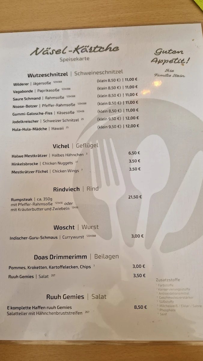 Speisekarte, Gaststätte Knickschuss Bar