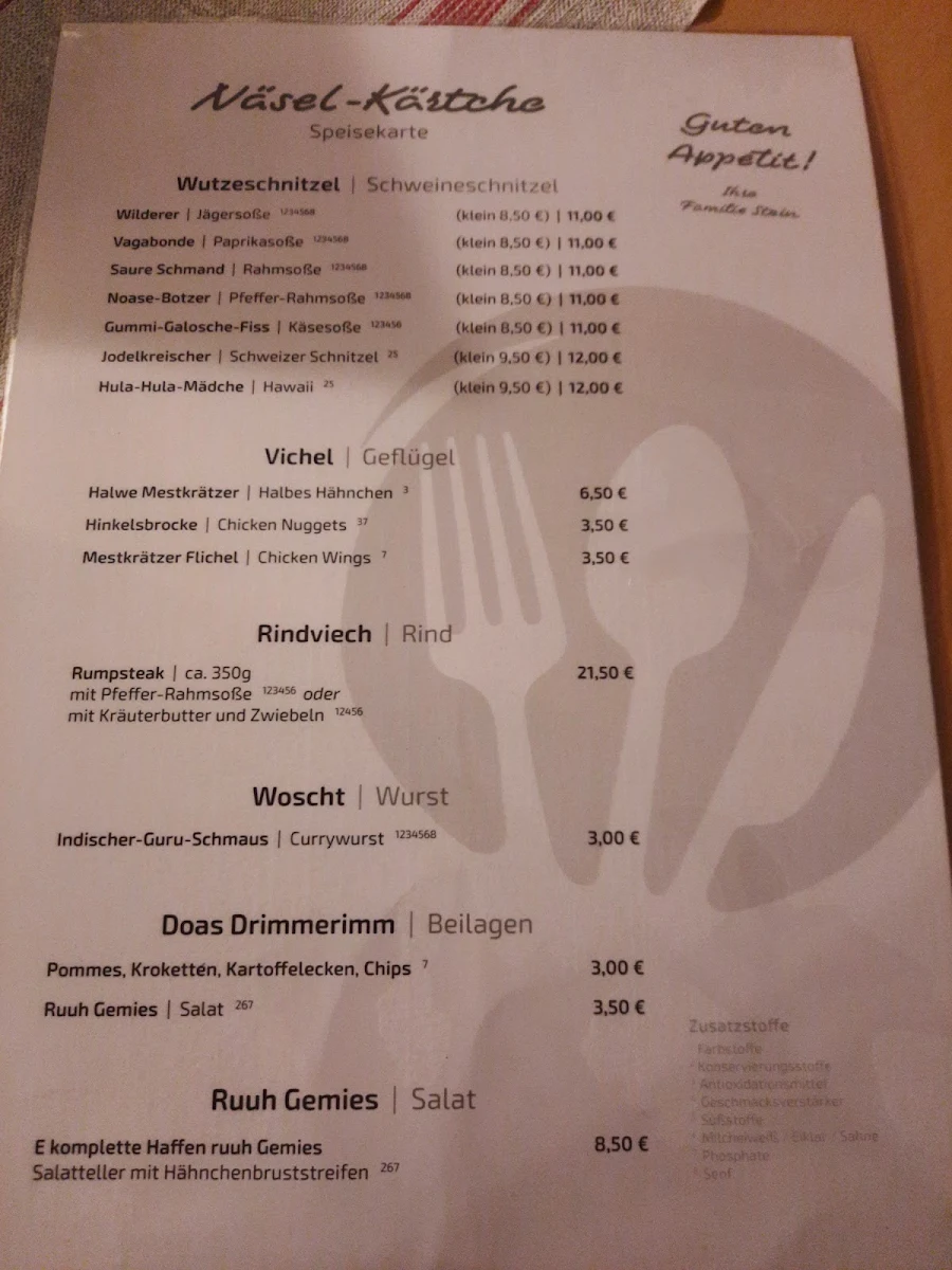 Speisekarte, Gaststätte Knickschuss Bar