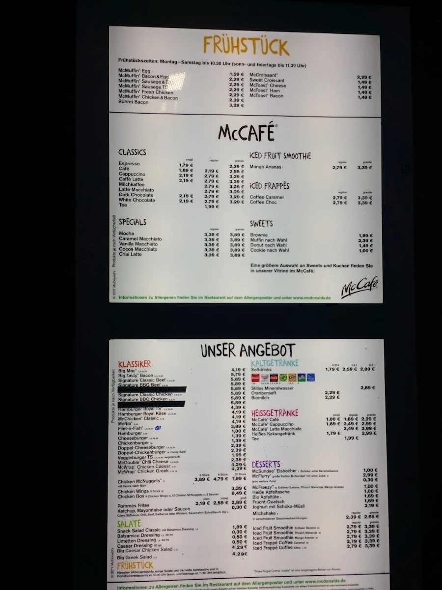 Speisekarte, McDonald's
