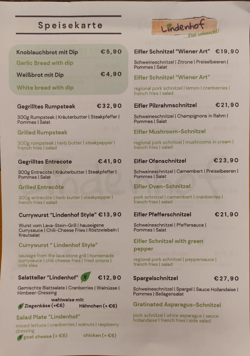 Speisekarte, Gasthaus Lindenhof