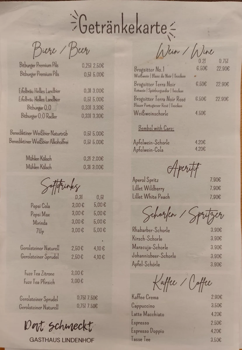 Speisekarte, Gasthaus Lindenhof