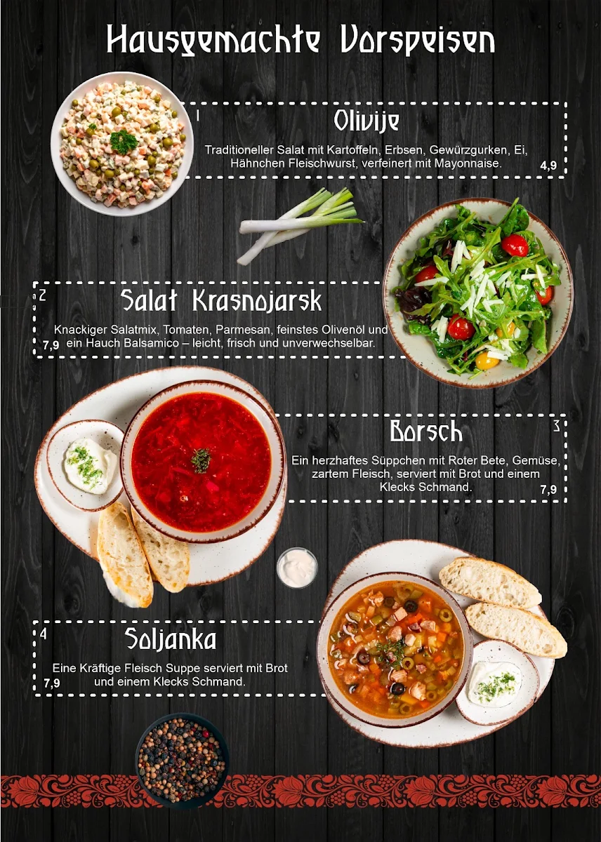 Speisekarte, Krasnojarsk Bistro - Russisches Restaurant