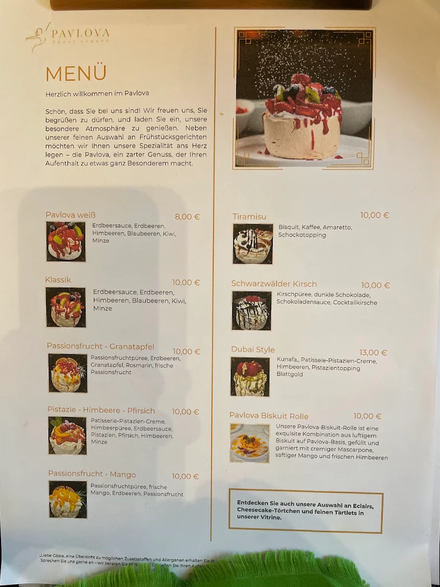 Speisekarte, Pavlova Cafe