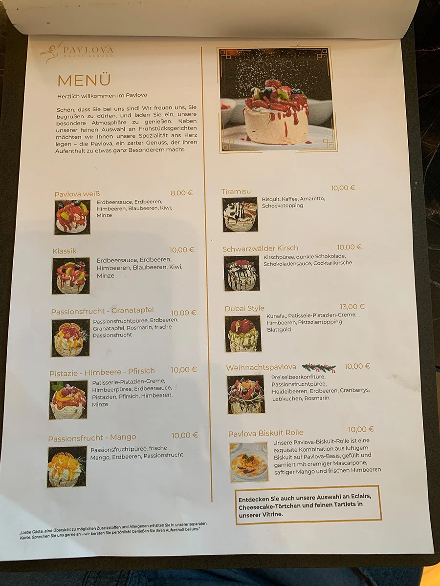 Speisekarte, Pavlova Cafe