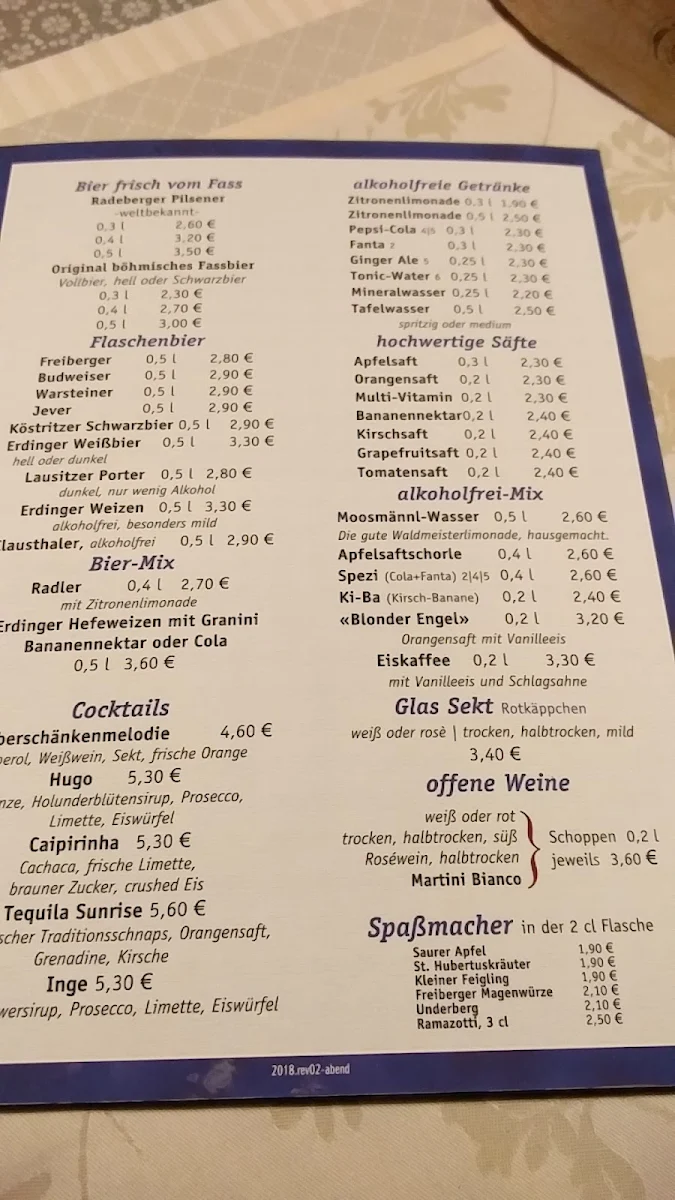 Speisekarte, Räuberschänke GmbH & Co. KG
