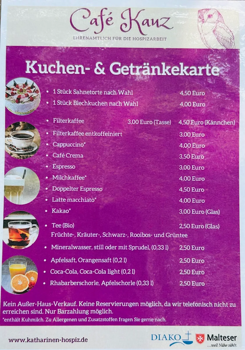 Speisekarte, Café Kauz - ehrenamtlich für die Hospizarbeit
