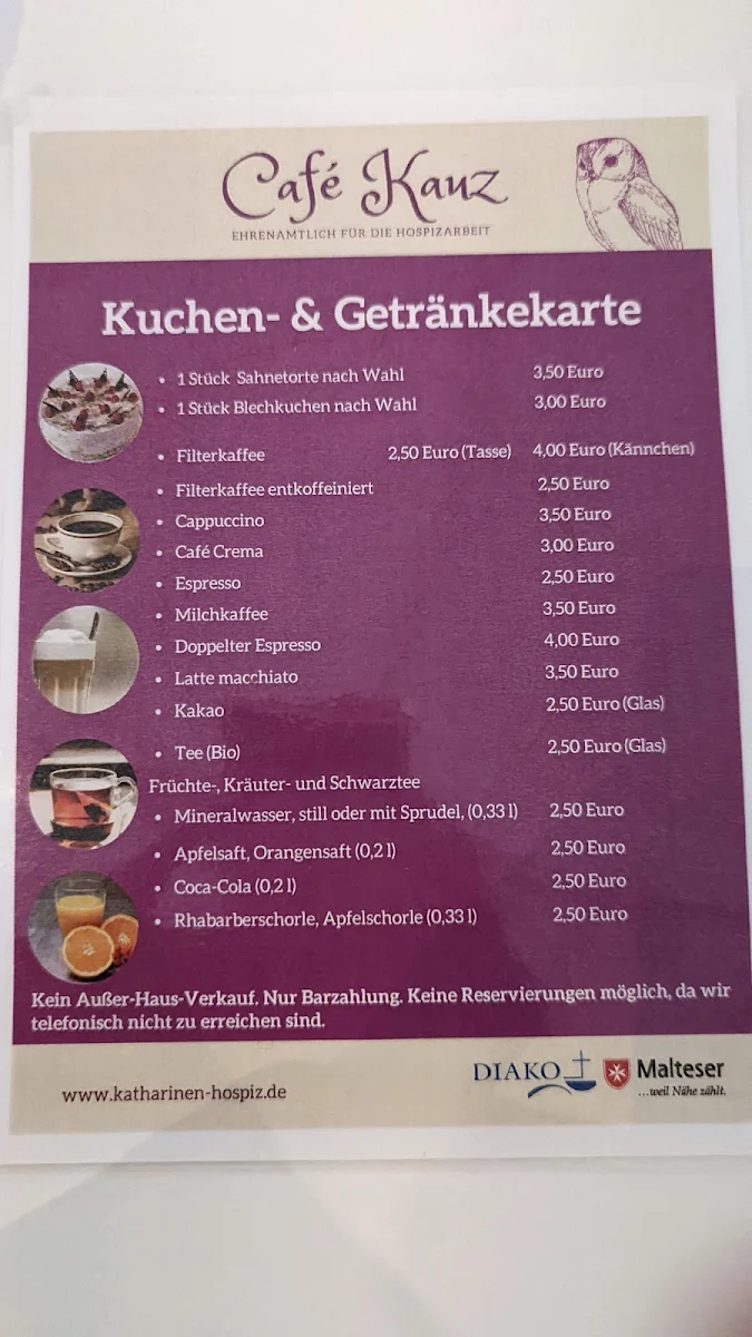 Speisekarte, Café Kauz - ehrenamtlich für die Hospizarbeit