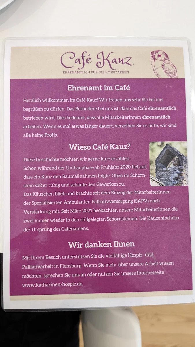 Speisekarte, Café Kauz - ehrenamtlich für die Hospizarbeit