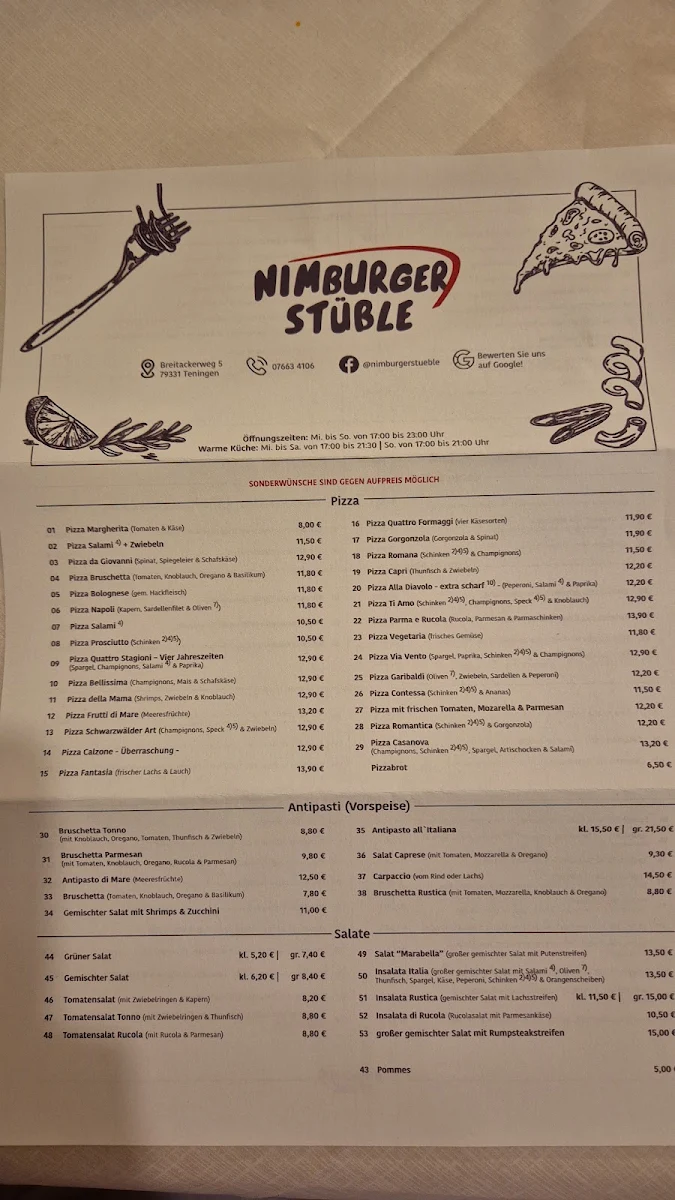 Speisekarte, Nimburger Stüble