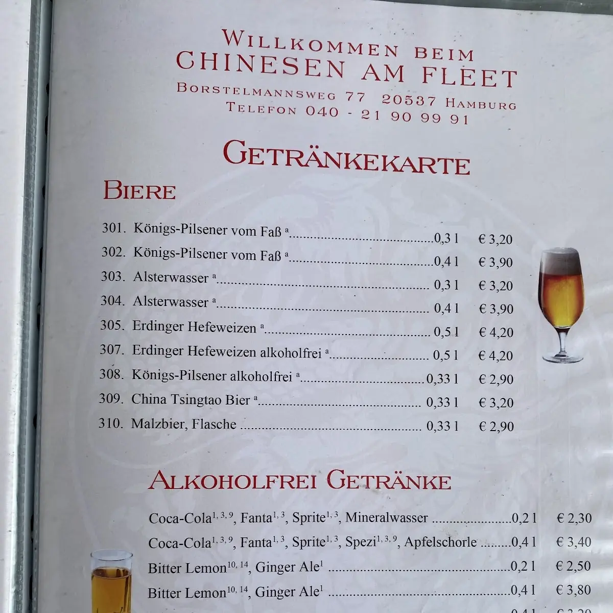 Speisekarte, Restaurant Der Chinese Am Fleet