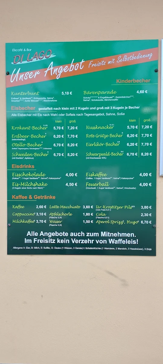 Speisekarte, Eiscafé und Bar Di Lago