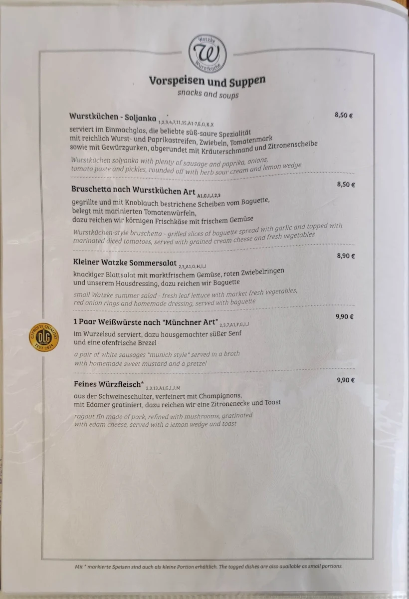 Speisekarte, Watzke Wurstküche