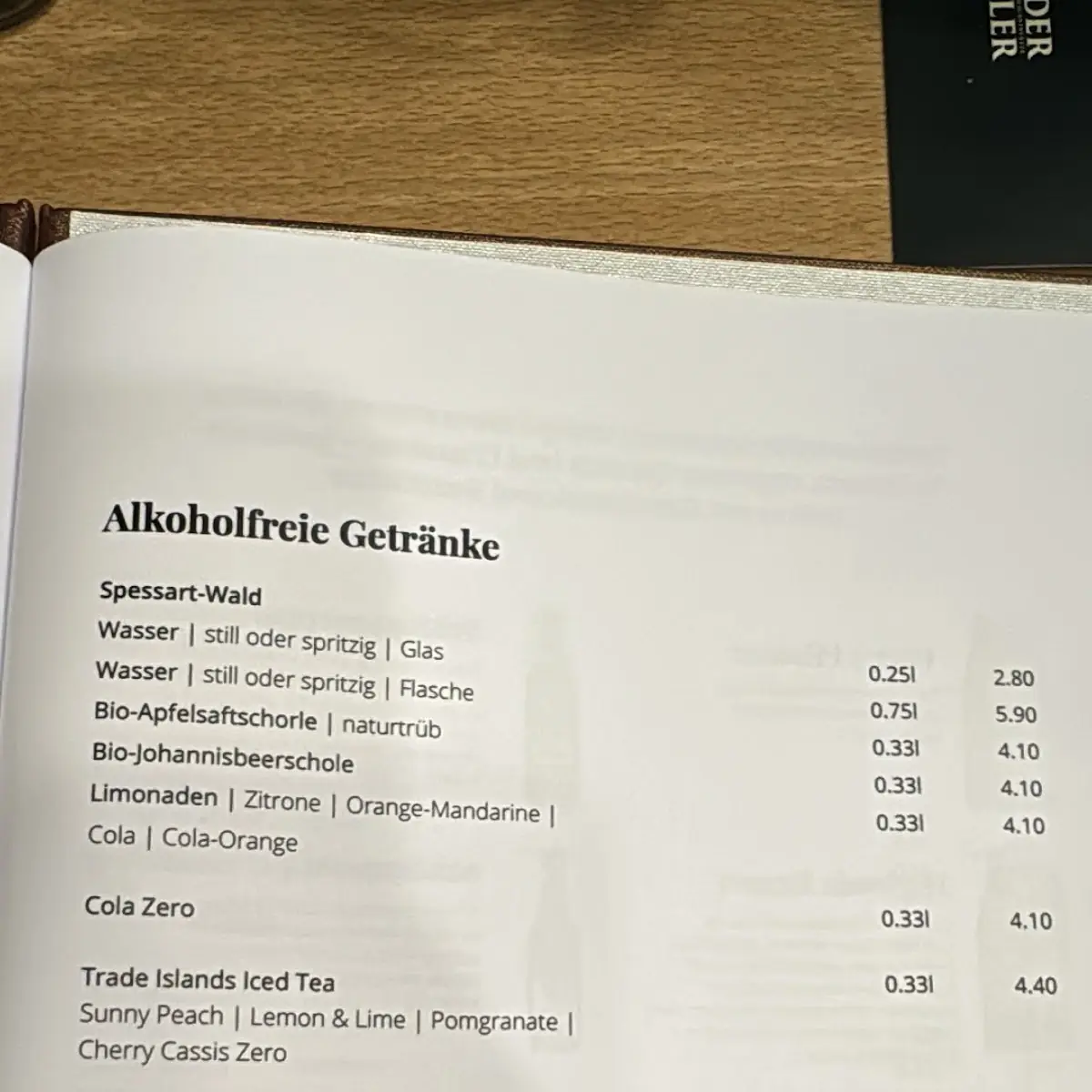 Speisekarte, Brauereigaststätte Ederkeller