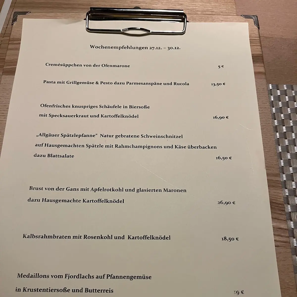 Speisekarte, Brauereigaststätte Ederkeller