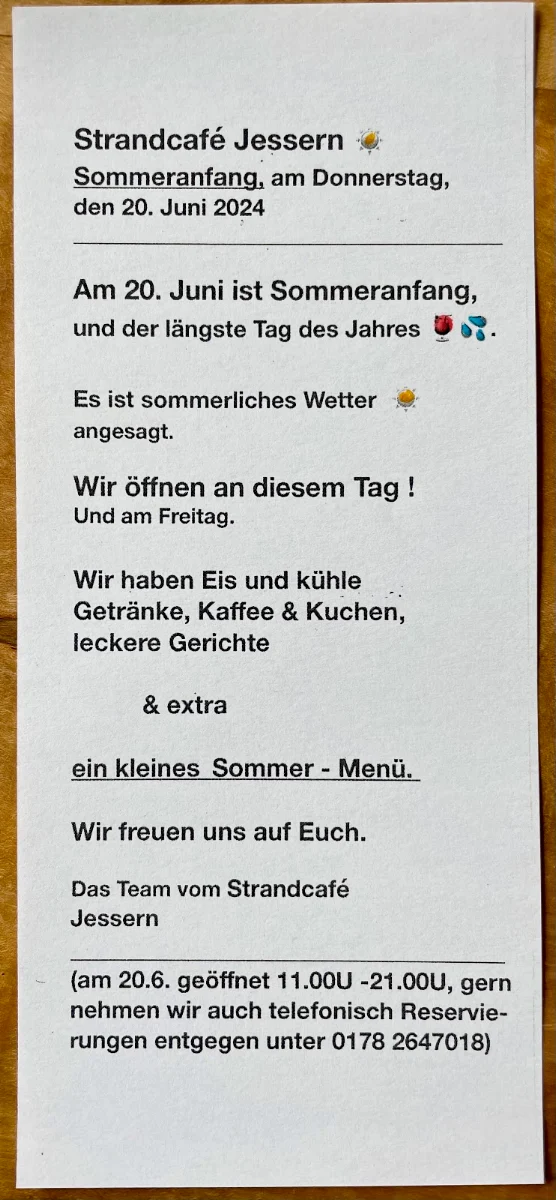 Speisekarte, Strandcafé Jessern