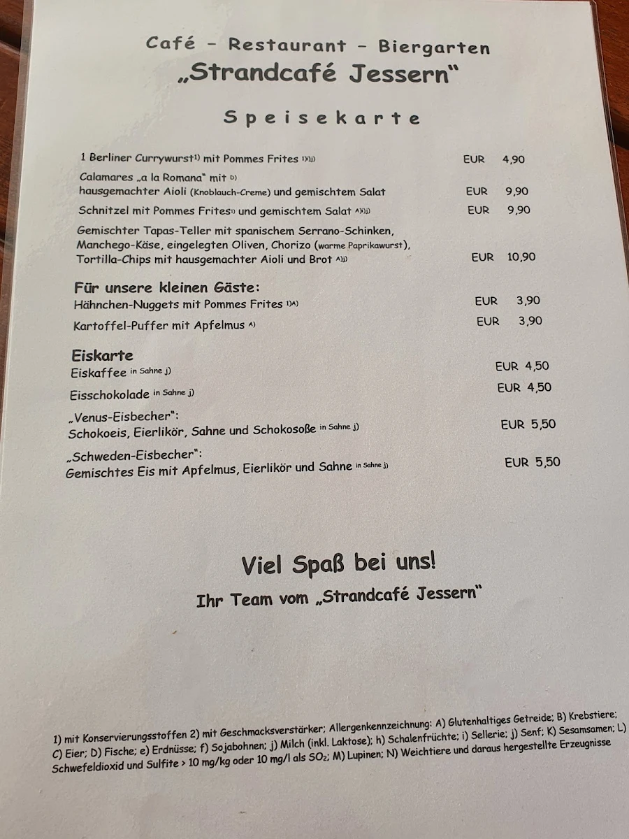 Speisekarte, Strandcafé Jessern