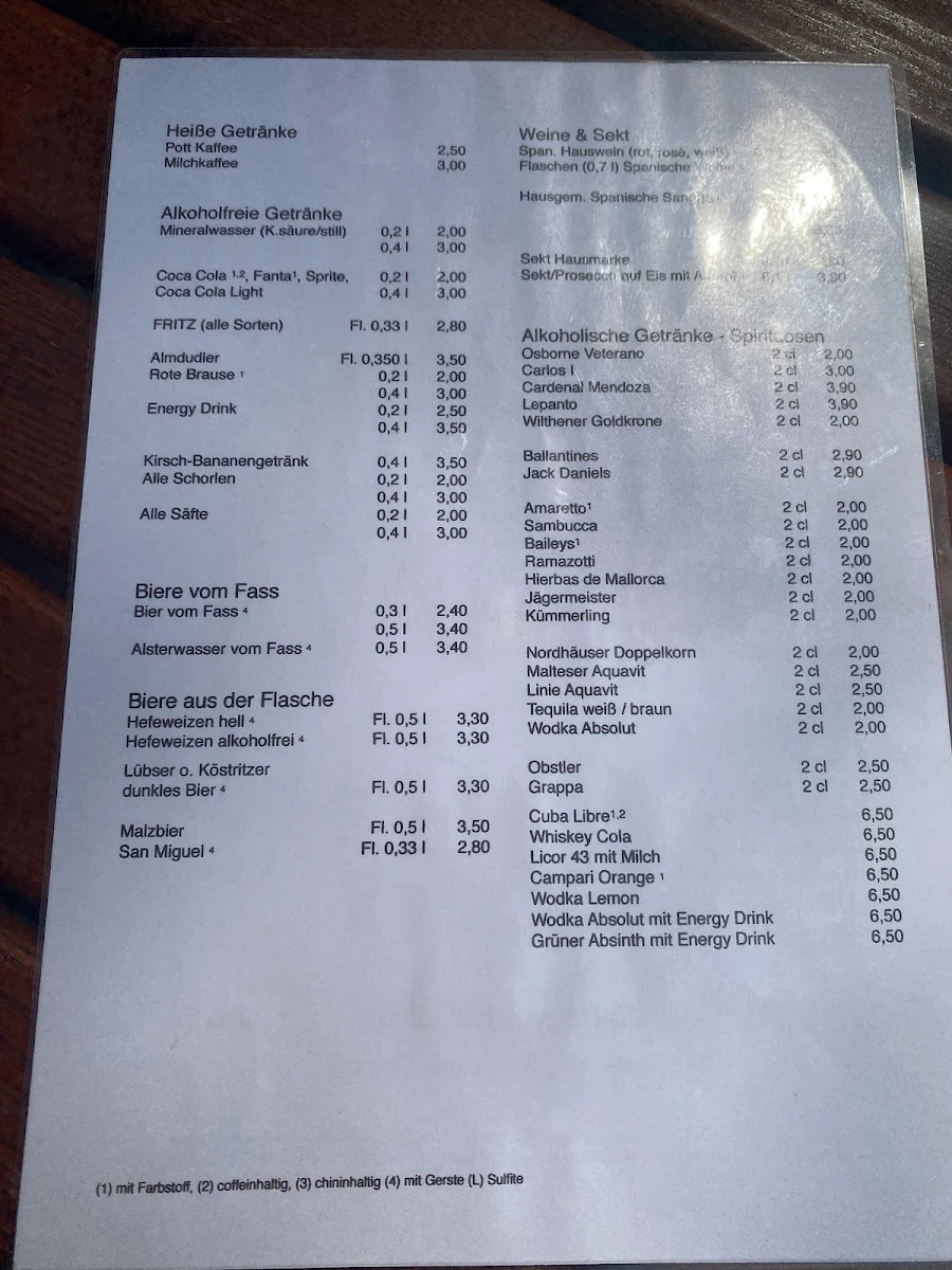 Speisekarte, Strandcafé Jessern