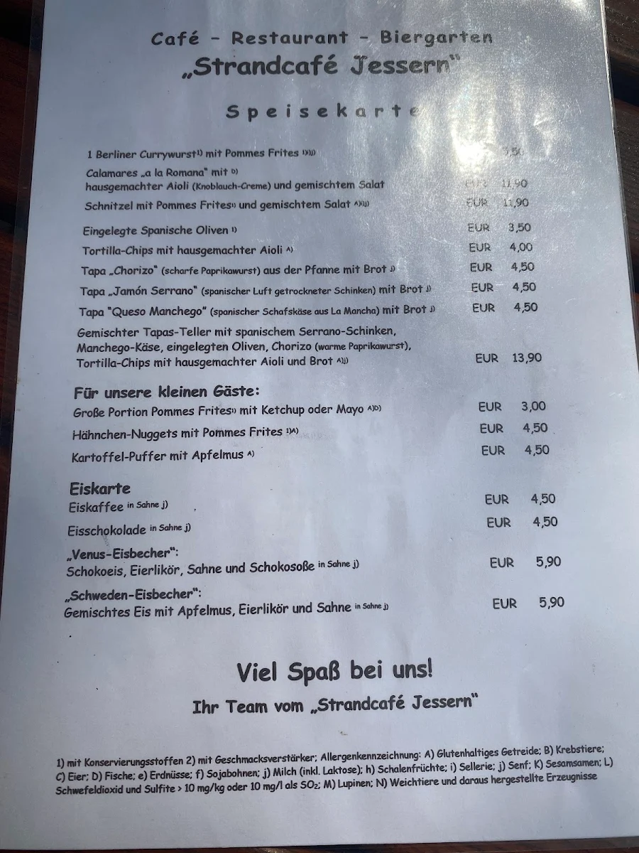 Speisekarte, Strandcafé Jessern