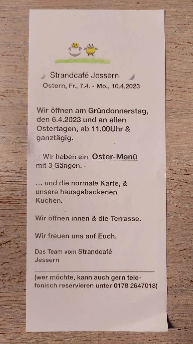 Speisekarte, Strandcafé Jessern