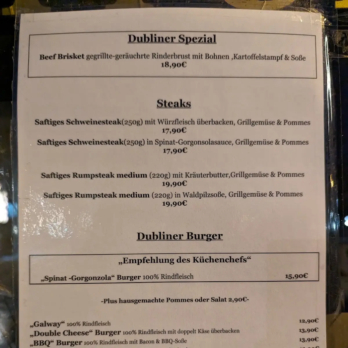 Speisekarte, Dubliner Irish Pub