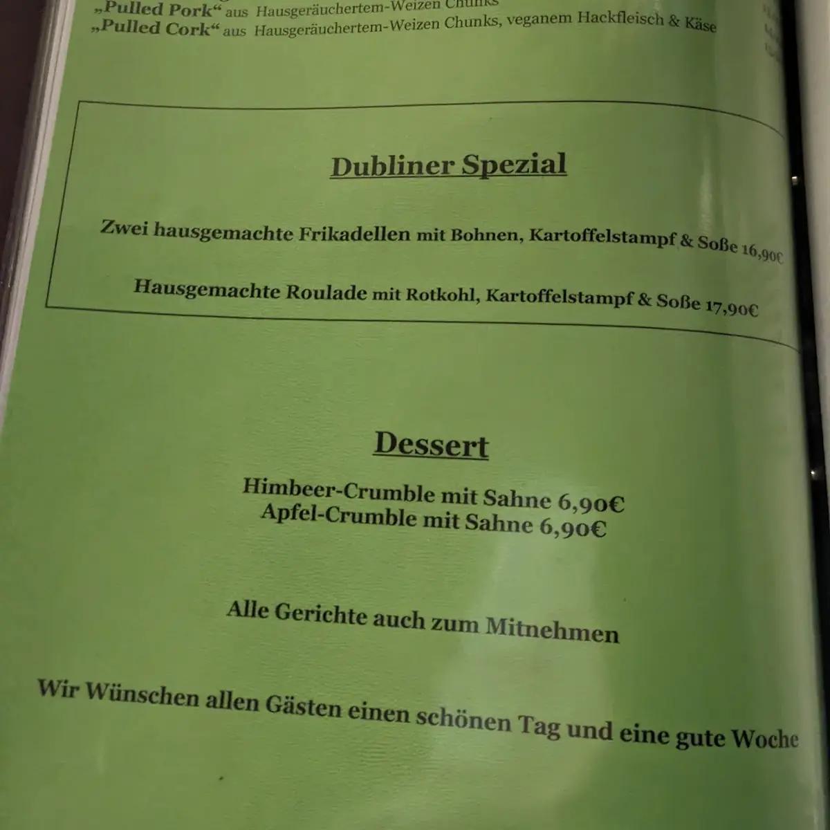 Speisekarte, Dubliner Irish Pub