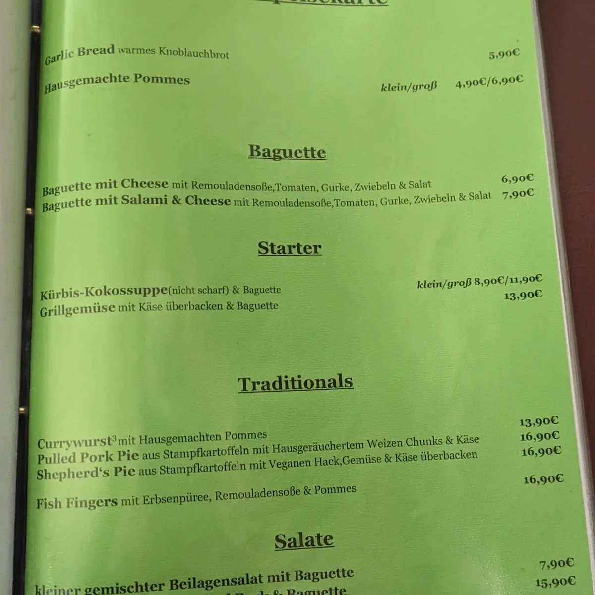Speisekarte, Dubliner Irish Pub