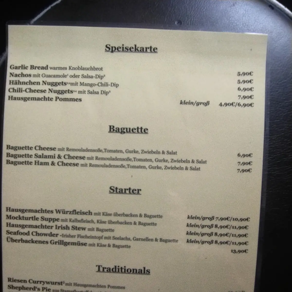Speisekarte, Dubliner Irish Pub