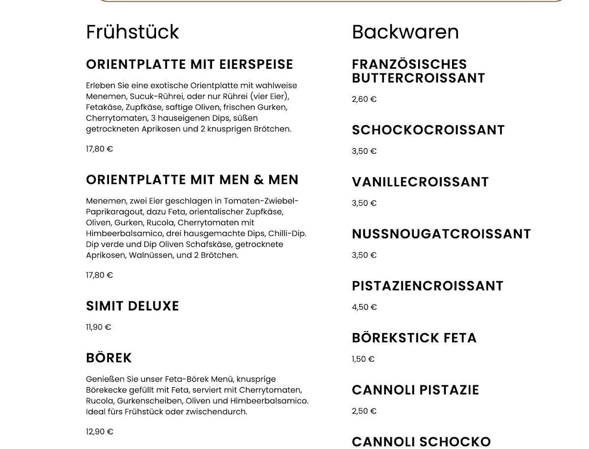 Speisekarte, Boymer Cafe