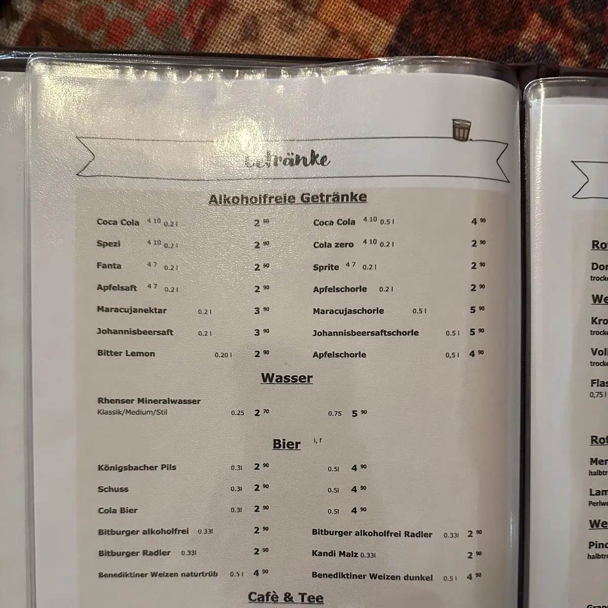 Speisekarte, Zum Vater Rhein