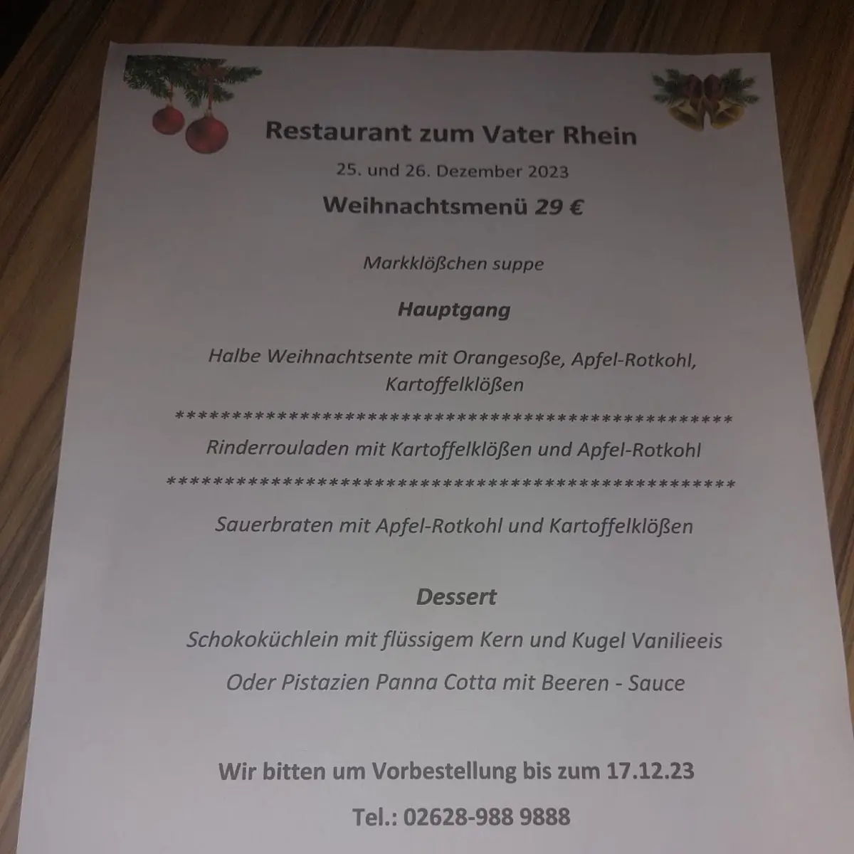 Speisekarte, Zum Vater Rhein
