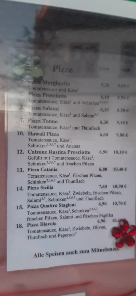 Speisekarte, Pizzeria da Giovanni