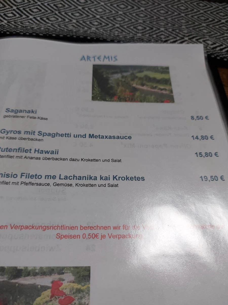 Speisekarte, Restaurant Landhaus Meine Artemis