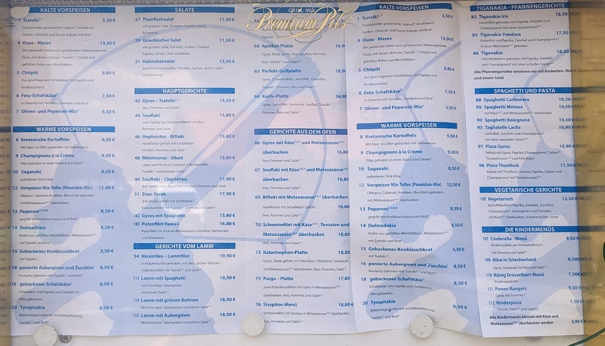 Speisekarte, Restaurant Landhaus Meine Artemis