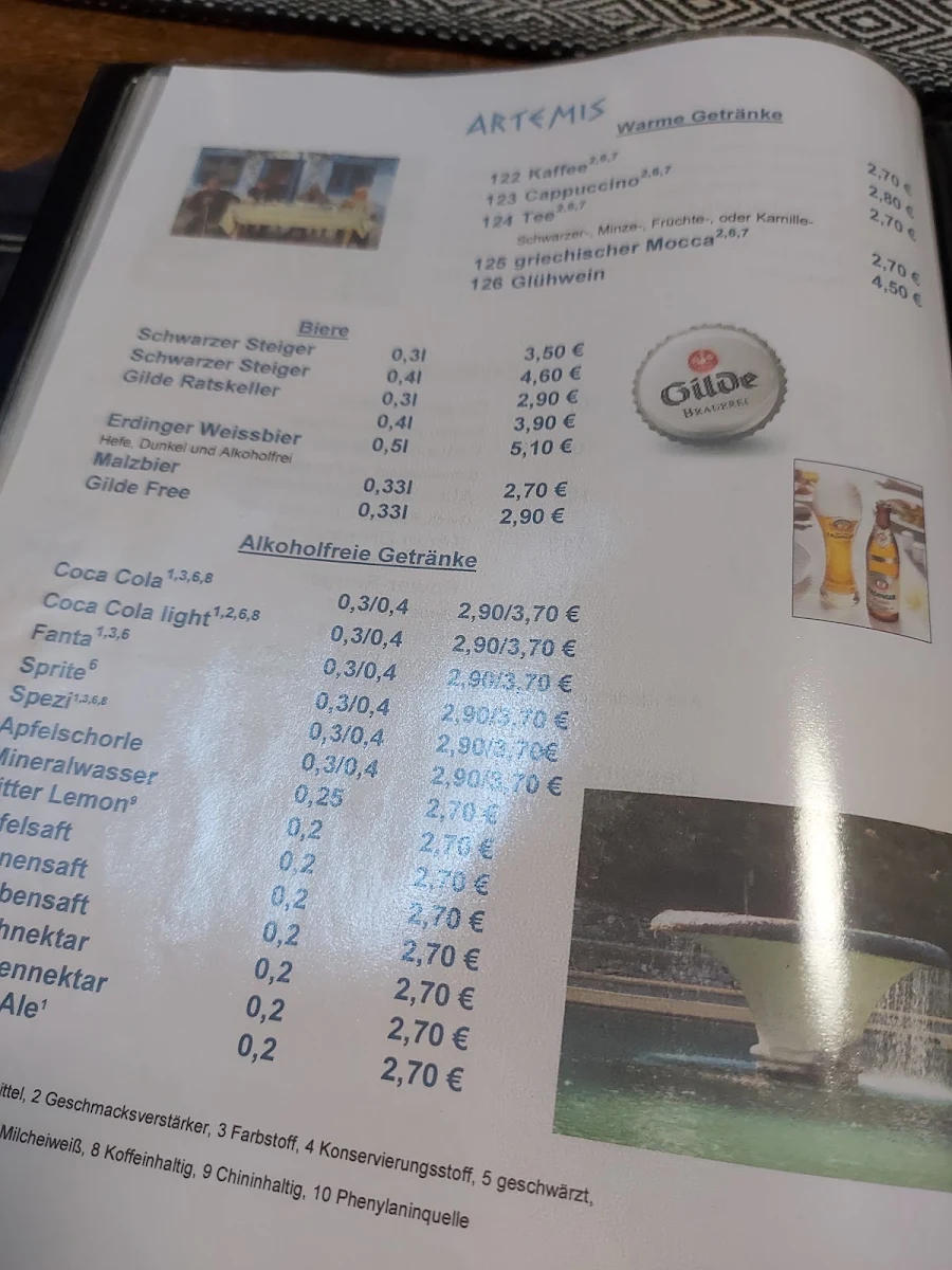 Speisekarte, Restaurant Landhaus Meine Artemis