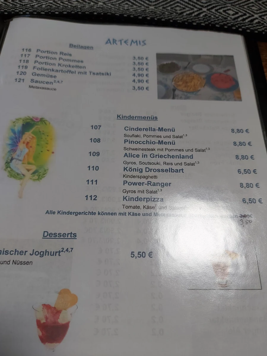 Speisekarte, Restaurant Landhaus Meine Artemis