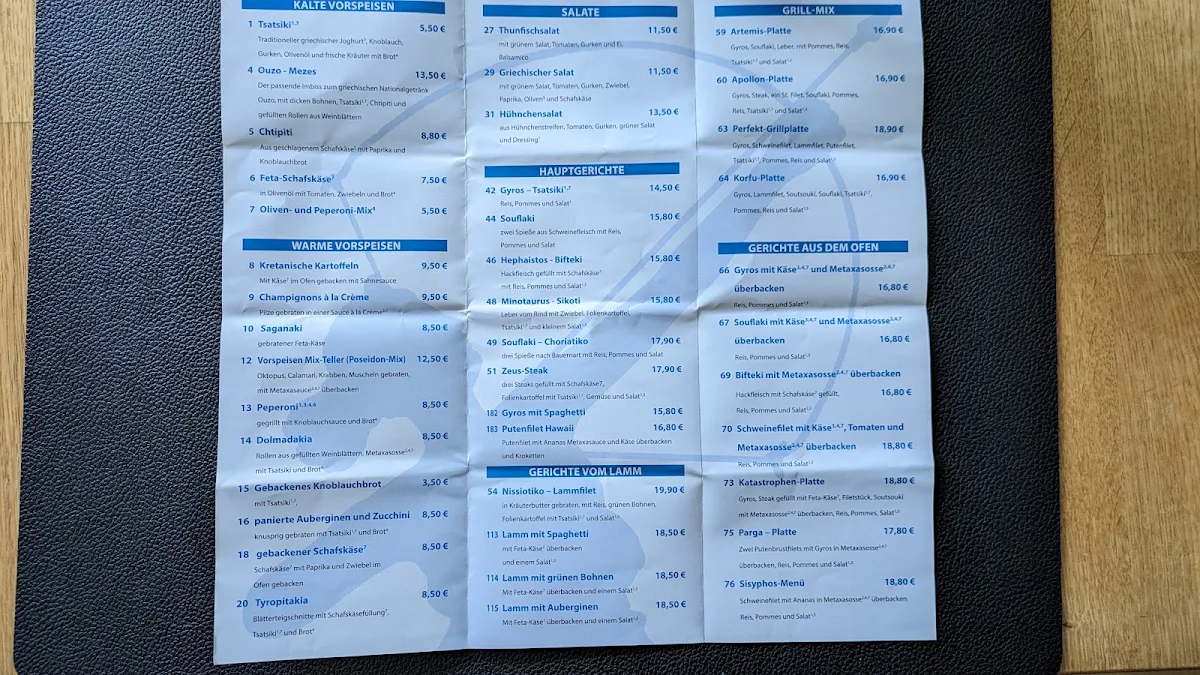 Speisekarte, Restaurant Landhaus Meine Artemis