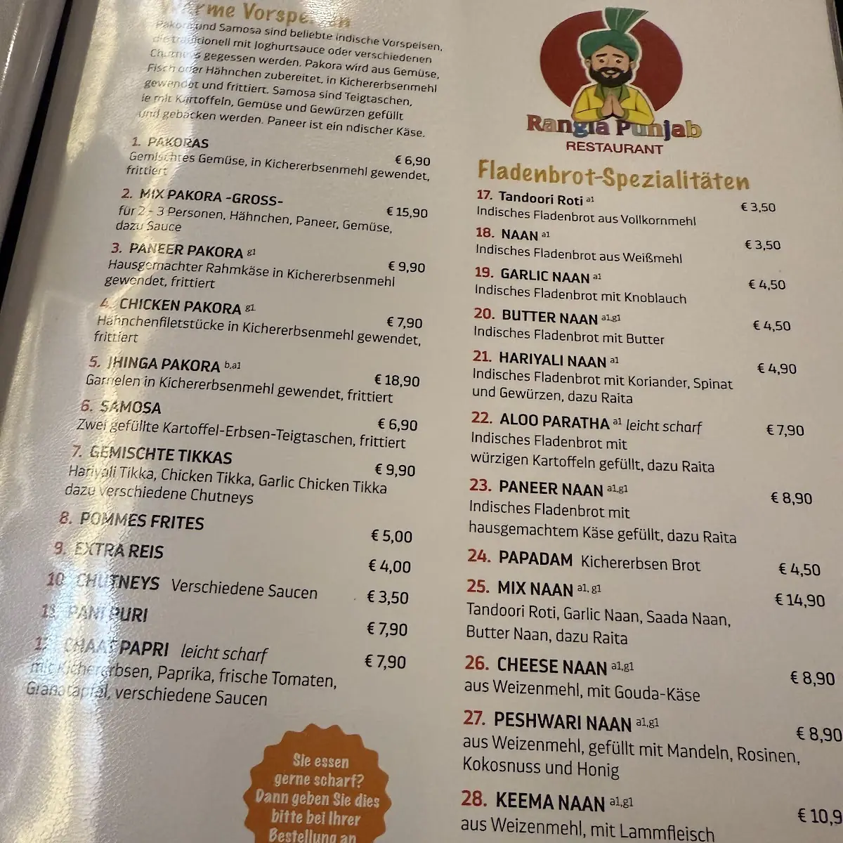 Speisekarte, Rangla Punjab Konstanz