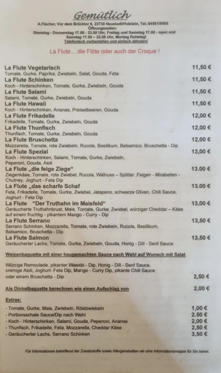 Speisekarte, Gemütlich