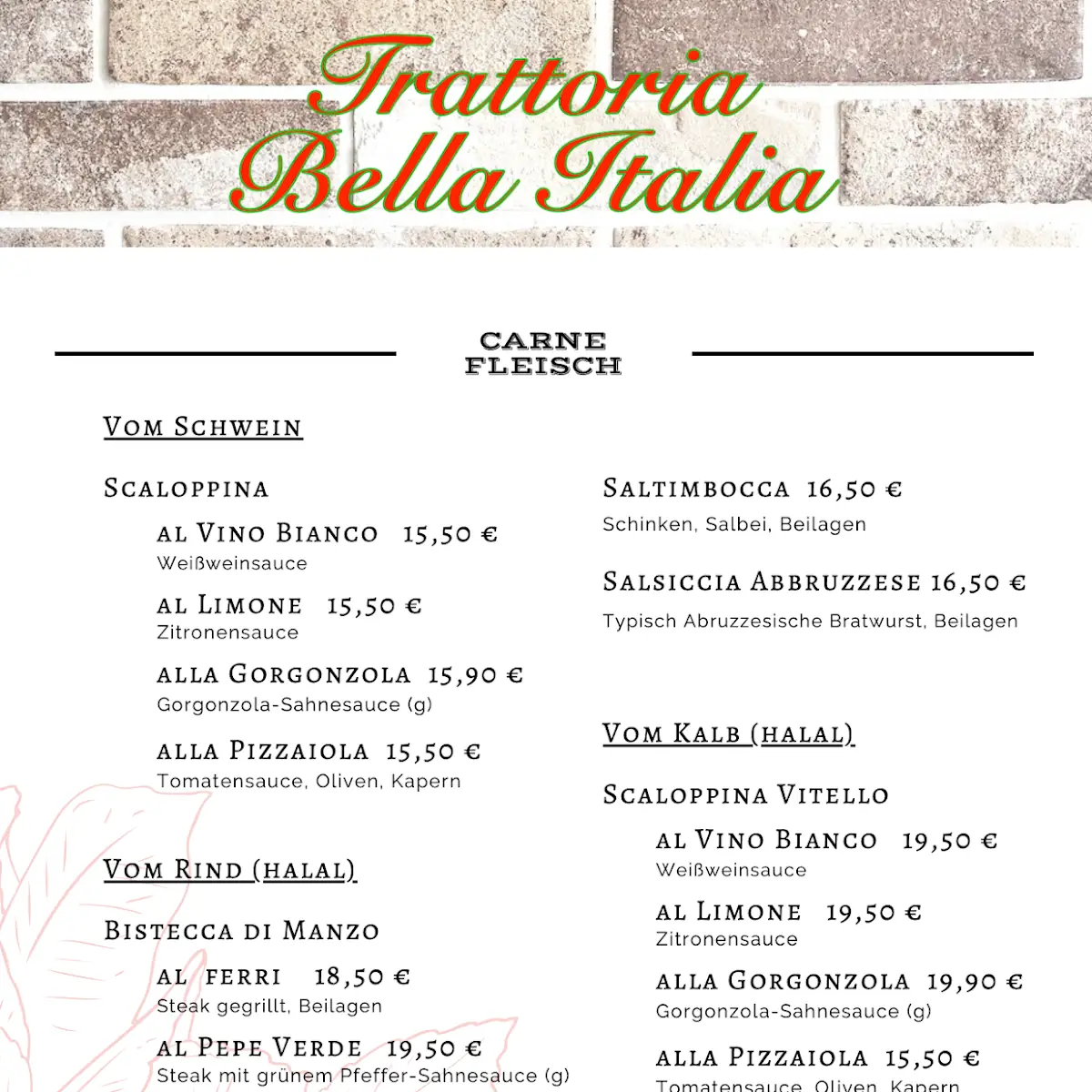Speisekarte, Trattoria Bella Italia