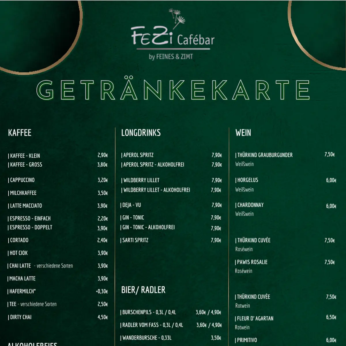 Speisekarte, FeZi Cafébar