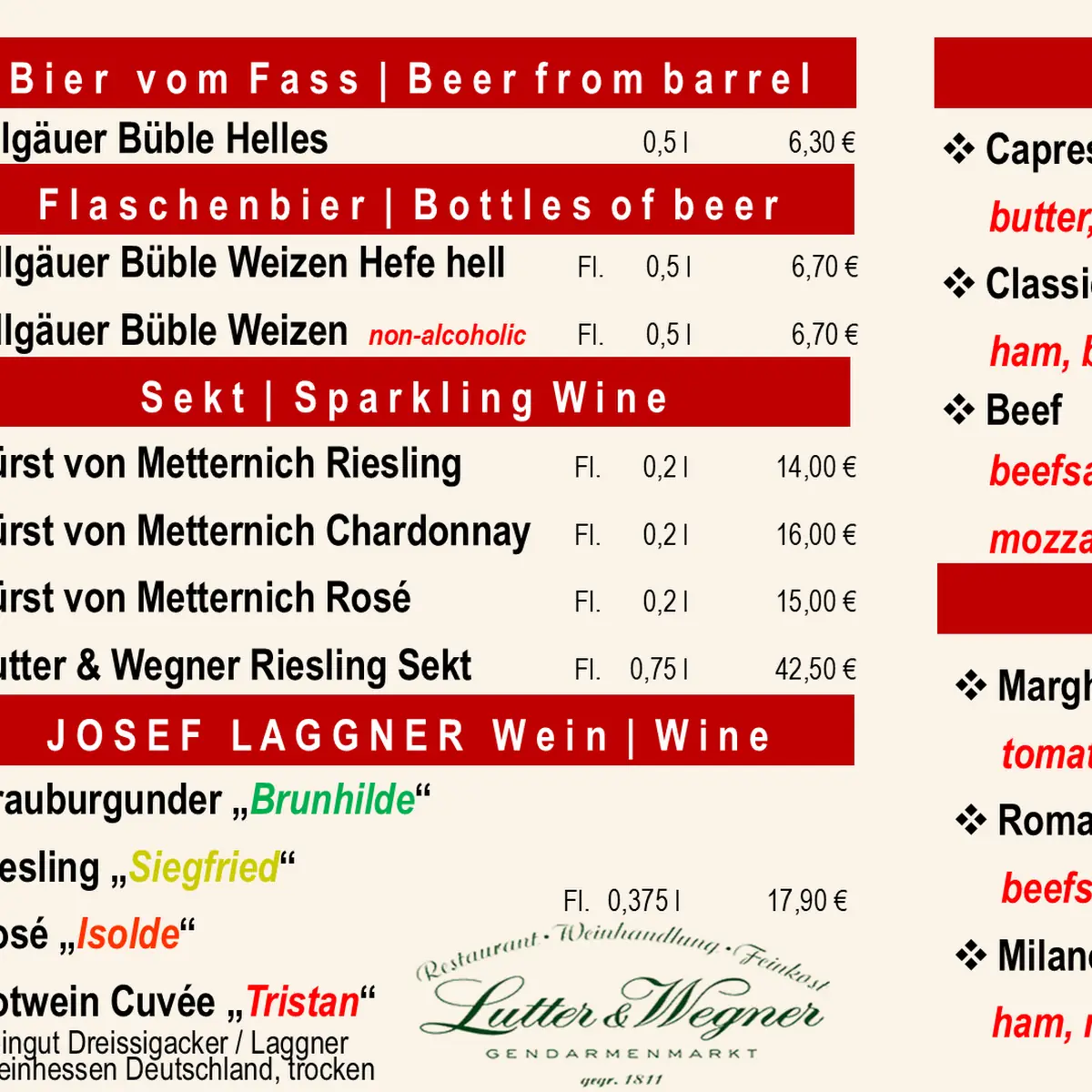 Speisekarte, Laggner Pizzatorio