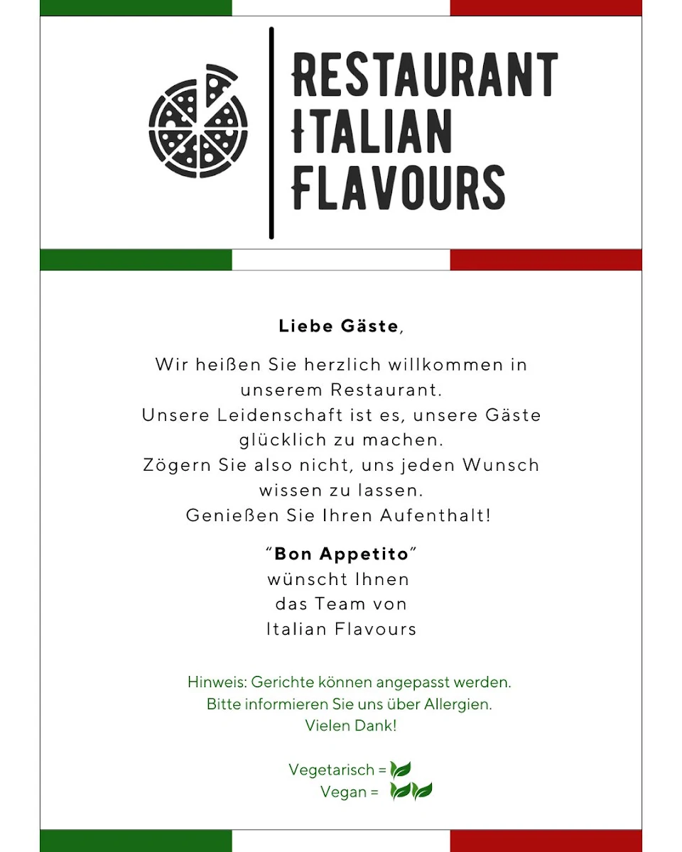 Speisekarte, Restaurant Italian Flavours
