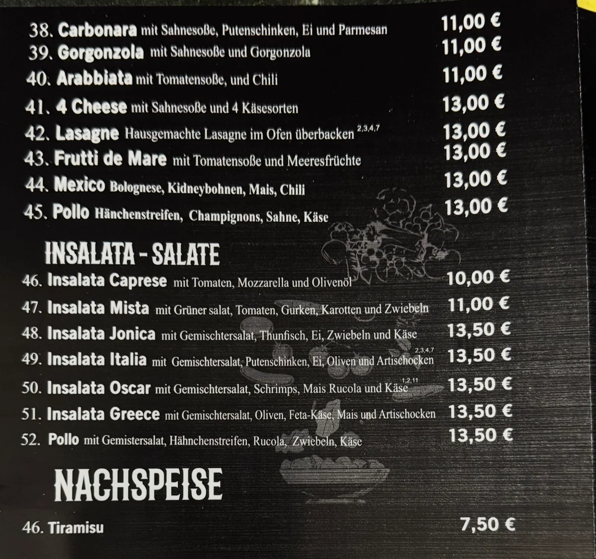 Speisekarte, Oscar's Pizza