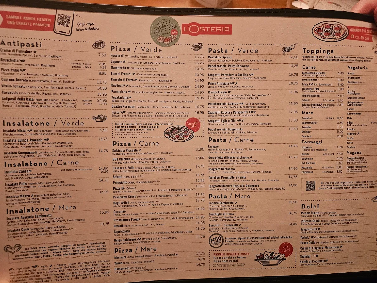 Speisekarte, L'Osteria Heidelberg Hauptstraße